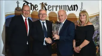  ??  ?? Ivan Yates (guest speaker), Dr Oliver Murphy (President IT Tralee) presenting Jimmy Deenihan with the inaugural Kerryman Business Lifetime Achievemen­t Award and SIobhan Murphy, Sales & Marketing Manager, The Kerryman.