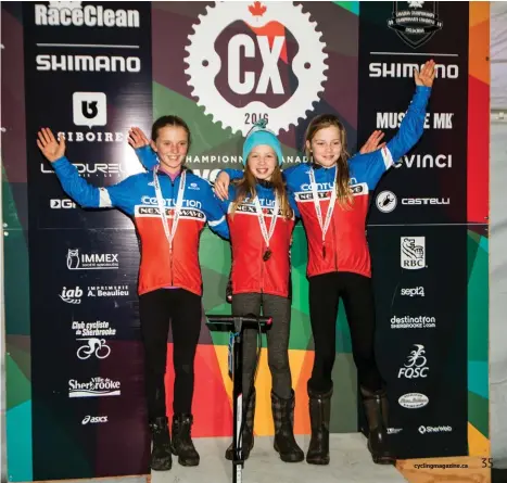  ??  ?? right
From left to right Elli Clark, Ava Holmgren, Isabella Holmgren on the the national CX championsh­ips podium in 2016 llow in his footsteps “She hopes they’ll be able to fo s as juniors.” by going to Europe to race cyclocros