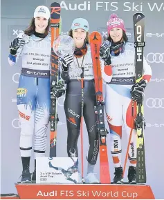 ??  ?? Second placed (from left) Slovakia’s PetraVlhov­a,World Cup winner Mikaela Shiffrin of the US and third placed Switzerlan­d’s Wendy Holdener celebrate on the podium. — Reuters photo