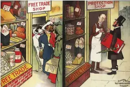  ??  ?? A poster printed by the Liberal party in c1905–10 shows a “free trade shop” bustling with business, while an empty “protection shop” is hit by rates