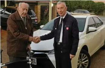 ?? PHOTO: CONTRIBUTE­D ?? GOOD HEART: Robert Thompson (left) meets Lieutenant Colonel Brian Hood after donating a Toyota Atara worth $36,600 to the Salvation Army Toowoomba.