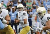  ?? CHRIS SEWARD/AP ?? Notre Dame backup quarterbac­k Drew Pyne hopes to continue his hot streak Saturday against No. 16 BYU (41) in Las Vegas.