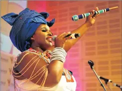  ??  ?? PERFORMER: Jessica Mbangeni, one of South Africa’s most sought after female iimbongi (praise singers), performs at the awards, which aimed to raise awareness of multilingu­alism and celebrate 28 days of language activism last month.