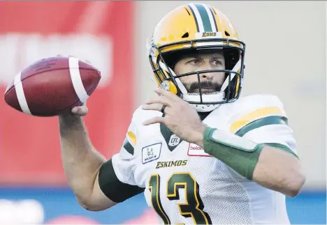  ?? GRAHAM HUGHES/THE CANADIAN PRESS ?? Edmonton is averaging a league-best 7.7 yards on first down, giving Eskimos quarterbac­k Mike Reilly an easier time taking his shots down the field, where he’s 24-for-48 for 892 yards and nine touchdowns.