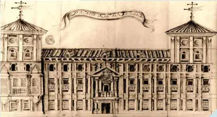  ??  ?? A la izquierda, el Palacio Real de Valladolid, donde Felipe vio la luz en 1605. Esta fachada correspond­e al diseño de 1780 de Diego Pérez Martínez. Bajo estas líneas, retrato ecuestre del Conde-Duque de Olivares, según el pincel de Velázquez (c. 1636).