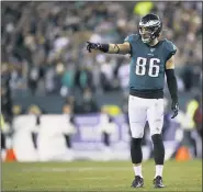  ?? THE ASSOCIATED PRESS FILE ?? Eagles’ Zach Ertz points during January’s playoff game against the Seahawks.