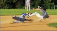  ?? AUSTIN HERTZOG - DIGITAL FIRST MEDIA ?? vBoyertown second baseman Mike Raineri lunges to tag out Norchester’s Austin Levengood on a stolen base attempt during their game on June 13.