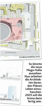  ??  ?? So könnte die neue Mega-Halle aussehen. Nun arbeiten die Architekte­n daran, den Plänen Leben einzuhauch­en. 2025 soll die Arena dann fertig sein.