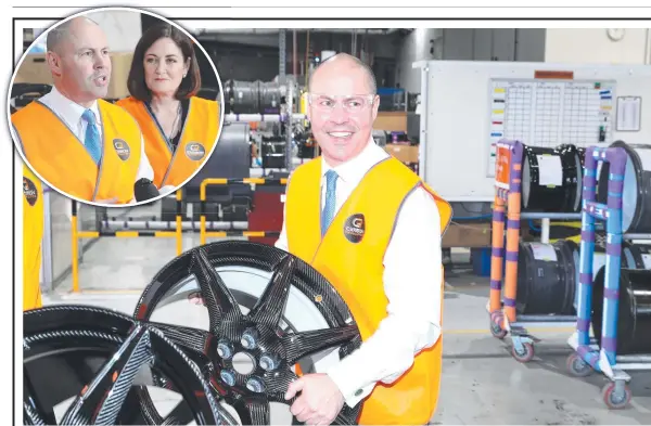  ?? Picture: DAVID CROSLING ?? Treasurer Josh Frydenberg visits the Carbon Revolution factory in Geelong and (inset) with Senator Sarah Henderson.