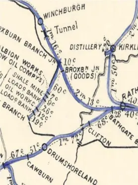  ??  ?? Broxburn branch Airey’s railway map of 1875 (courtesy National Library of Scotland) shows the branch prior to formation of the Broxburn Oil Company