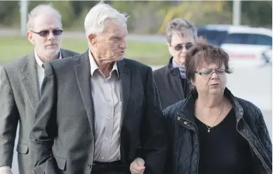  ??  ?? Doug and Donna French, parents of Kristen French, who was tortured and killed by Paul Bernardo, attend his parole hearing in Bath, Ont., this week. Bernardo, below in an artist’s sketch, was denied parole.