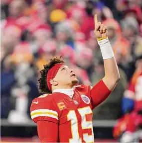  ?? Charlie Riedel/Associated Press ?? Kansas City Chiefs quarterbac­k Patrick Mahomes reacts before the AFC Championsh­ip game against the Cincinnati Bengals on Jan. 29 in Kansas City, Mo.