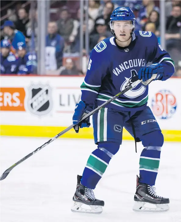  ?? — THE CANADIAN PRESS FILES ?? The Vancouver Canucks have decided to keep Brock Boeser on the big league club to start the regular season, but the gifted forward will have to prove he can be effective in the offensive zone without being a defensive liability to keep his spot.