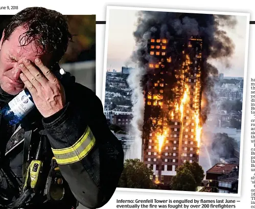  ??  ?? Inferno: Grenfell Tower is engulfed by flames last June — eventually the fire was fought by over 200 firefighte­rs