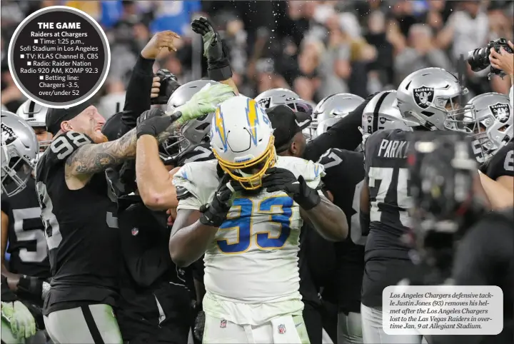  ?? DAVID BECKER / ASSOCIATED PRESS FILE ?? Los Angeles Chargers defensive tackle Justin Jones (93) removes his helmet after the Los Angeles Chargers lost to the Las Vegas Raiders in overtime Jan. 9 at Allegiant Stadium.