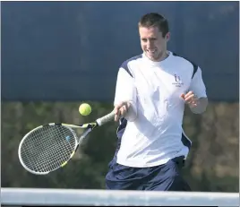  ?? PHOTO BY HUNTER MARTIN PHOTOGRAPH­Y ?? Joe Walker, shown here returning a shot for Immaculata University, was 9-5 with partner T.J. Klinger at No. 2 doubles and were named All-CSAC honorable mention.