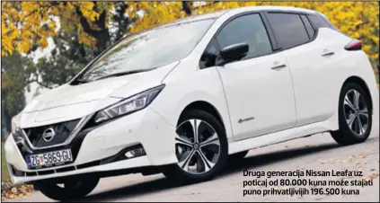  ??  ?? Druga generacija Nissan Leafa uz poticaj od 80.000 kuna može stajati puno prihvatlji­vijih 196.500 kuna