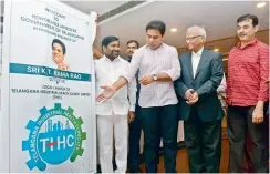  ?? — DECCAN CHRONICLE ?? Minister K.T. Rama Rao unveils the Telangana Industrial Health Clinic Limited logo at Tourism Plaza on Monday. Minister Jagadeeswa­r Reddy and others are also seen.