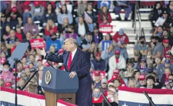  ?? BRENDAN SMIALOWSKI/AFP VIA GETTY IMAGES ?? President Donald Trump speaks at a “Great American Comeback” rally in Fayettevil­le, North Carolina, on Saturday.