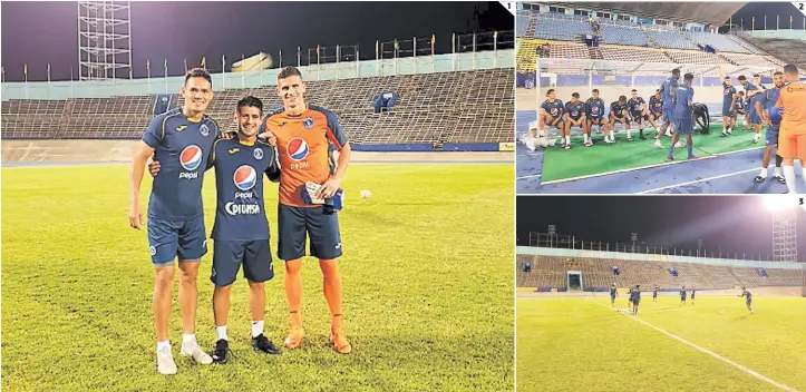  ??  ?? (1) Moreira, Galvaliz y Rougier, los tres extranjero­s de Motagua jugarían de inicio. (2) El Azul hizo un breve reconocimi­ento de la cancha. (3) Los Azules deben mostrar que son buenos visitantes en la Liga Concacaf.