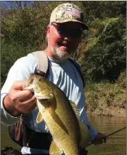  ?? (Arkansas Democrat-Gazette/Bryan Hendricks) ?? Joe Volpe admires one of many smallmouth bass he caught and released Wednesday on the South Fork of the Ouachita River.