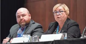  ?? PATRICK SEMANSKY/AP ?? Christy Mccormick, vice chair of the U.S. Election Assistance Commission, speaks as the National Associatio­n of Secretarie­s of State meets in Washington Thursday. At left is EAC Commission­er Ben Hovland.