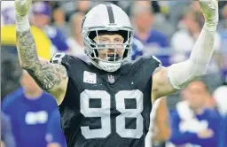  ?? AP ?? MAXX-IMUM EFFORT: Maxx Crosby is tied for the second-most sacks in the NFL, and will face off against an injury-riddled Jets offensive line on Sunday.