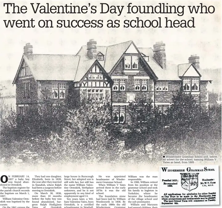  ?? Windermere Grammar School and, below, an advert for the school, naming William V Yates as head, from 1885 ??