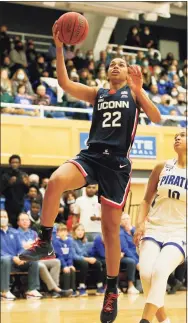  ?? Noah K. Murray / Associated Press ?? UConn guard Evina Westbrook drives to the basket against Seton Hall forward Mya Bembry in December.