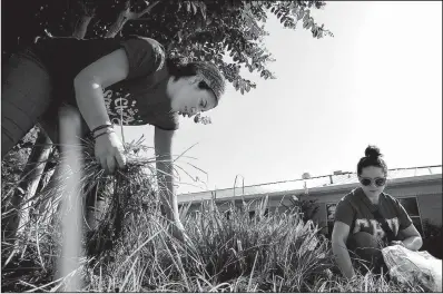  ?? Arkansas Democrat-Gazette/THOMAS METTHE ?? Clinton School students Marina Gianniraki­s (left) of Pittsburgh and Sara Swisher of Memphis weed a flower bed Saturday at Our House.