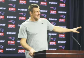  ?? Steven Senne / Associated Press ?? New England Patriots tight end Rob Gronkowski takes questions from reporters following practice on Thursday in Foxborough, Mass. The Los Angeles Rams are to play the New England Patriots in Super Bowl LIII on Feb. 3, in Atlanta.