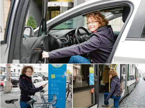  ?? Fotos: Klaus Rainer Krieger ?? Vom Carsharing-Auto in die Tram und zum Schluss mit dem Rad nach Hause: Andrea Strasser hat die neue Augsburger Mobilitäts­flatrate gebucht.