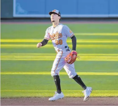  ?? KARL MERTON FERRON/BALTIMORE SUN ?? Orioles shortstop Andrew Velazquez looks up for a foul ball during preseason camp Friday at Oriole Park at Camden Yards.