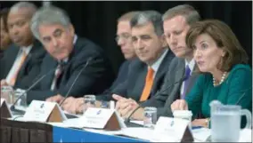  ?? COURTESY OF GOVERNOR’S OFFICE ?? Lt. Gov. Kathy Hochul, right, presides over an afternoon cabinet meeting, part of Gov. Andrew Cuomo’s “Capital for a Day” in Liverpool. The day also included roundtable meetings with various local leaders, state agency commission­ers and senior...