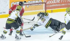  ?? COLIN DEWAR/SPECIAL TO POSTMEDIA ?? Niagara IceDogs forward Kirill Maksimov, No. 13, beats North Bay Battalion goaltender Brent Moran on the power play in Ontario Hockey League action Sunday afternoon at Meridan Centre in St. Catharines.