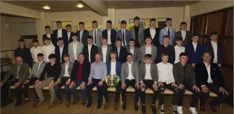  ??  ?? The Meath squad and their management team that won the Leinster MFC in 2018 at their presentati­on night in Navan O’Mahonys. Back row, from left, Adam Treanor, Killian Hogan, Brian McCormack, Darragh Swaine, Adam Barrett, Sean Brennan, Joseph Moore, Cian McBride, Niall Bennett, David Carr, Brian O’Hanlon; Centre: Sean Coffey, Oisin McCloskey, David Bell, Killian Price, Luke Mitchell, Sean Martyn, Cillian Hegarty, Eoin Griffin, Colin Hawdon, Conor Harford, Luke Newe, Conor Farrelly, Cathal Hickey, Harry O’Higgins; Front: Paul Murphy (Selector), Luke Kelly, Adam Barrett, James O’Hare, Owen Ganly (Selector), Joe Treanor (Manager), Matthew Costello (Capt), Paddy Gilsenan (Selector), Conor Hetherton, Adam Kelly, Jack Dardis and Paul Nestor (Selector).