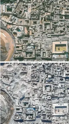  ?? Foto: dpa ?? Zwei Satelliten Aufnahmen von Aleppo, oben aus dem Jahr 2010 mit intakter Alt stadt, unten von 2014, als u. a. bereits die große Moschee und ihr Minarett (rechte untere Ecke) beschädigt bzw. zerstört waren. Und der Krieg ging weiter …