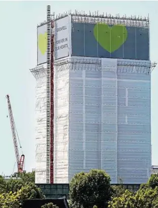  ??  ?? Zum Jahrestag wurde der Turm verhüllt. Oben hängt ein Banner mit der Aufschrift „Grenfell – Forever in our Hearts“(„Grenfell – Für immer in unseren Herzen“). Foto: ddp