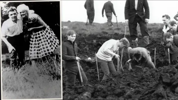  ??  ?? OVAN: Hindley och Brady poserar på 1960-talet på Saddlewort­h Moor, där de begravde sina offer. TILL HÖGER: Bild från 1 januari 1965, en polis fortsätter att gräva på platsen där man hittade Lesley Downeys kropp, men på denna plats hittade man inga fler spår. LÄNGST TILL HÖGER: Ett skynke sätts upp för att förhindra insyn medan man gräver den 21 oktober 1965. En ny kropp hittades här och Hindley och Brady åtalades för mordet.