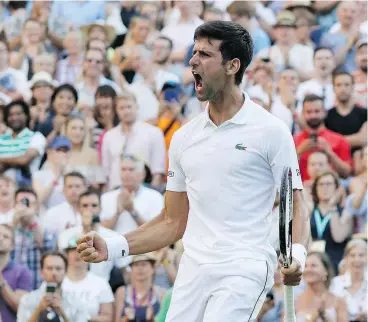  ?? — THE ASSOCIATED PRESS ?? Serbia’s Novak Djokovic celebrates winning his men’s singles match against Britain’s Kyle Edmund Saturday at Wimbledon in London.