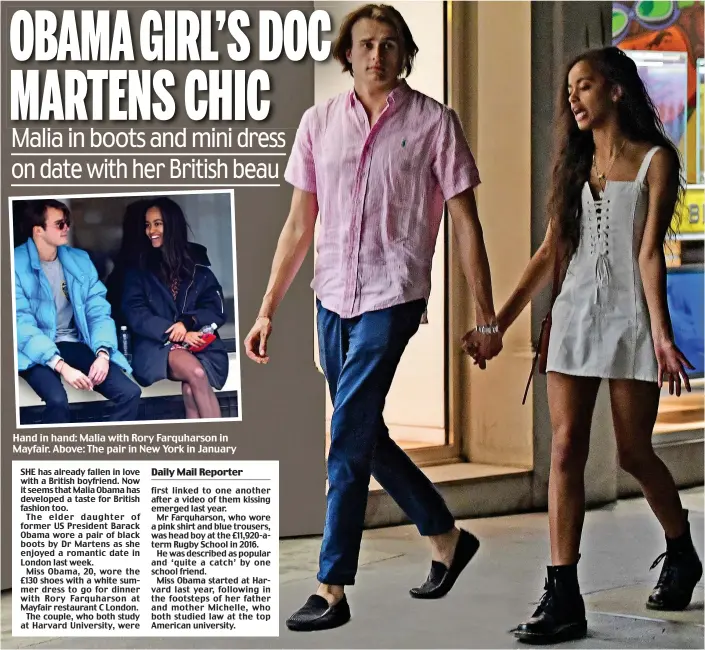  ??  ?? Hand in hand: Malia with Rory Farquharso­n in Mayfair. Above: The pair in New York in January