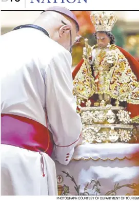  ?? PHOTOGRAPH COURTESY OF DEPARTMENT OF TOURISM ?? AN Augustinia­n friar prays in front of the image of Señor Santo Niño at the Basilica del Santo Niño in Cebu City as part of the Feast of the Santo Niño on Sunday.