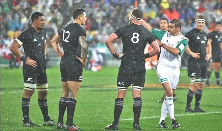  ?? Photo: Zimbio ?? Sonny Bill Williams of the All Blacks is shown the red card against the British & Irish Lions at Westpac Stadium on July 1, 2017 in Wellington, New Zealand.