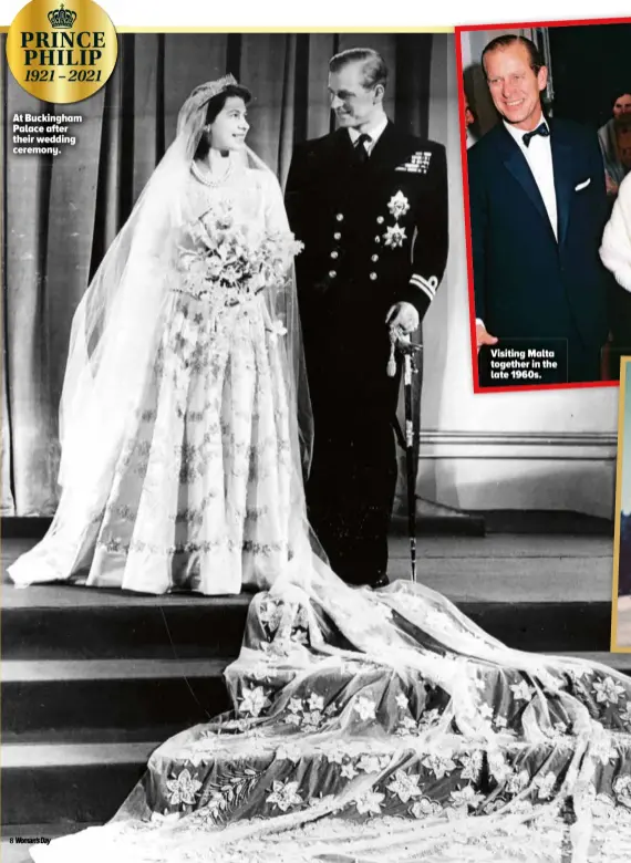  ??  ?? At Buckingham Palace after their wedding ceremony.
Visiting Malta together in the late 1960s.