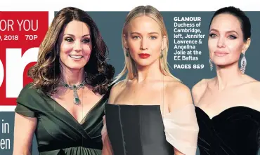  ??  ?? GLAMOUR Duchess of Cambridge, left, Jennifer Lawrence & Angelina Jolie at the EE Baftas