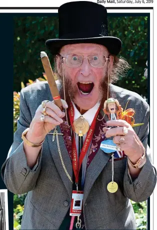  ?? PA/GETTY IMAGES ?? Trailblaze­r: McCririck with the 1983 Thames TV racing team of (from left) Graham Goode, John Oaksey, Brough Scott, Judith Chalmers and Derek Thompson, and (above) in his usual flamboyant form at Royal Ascot in 2017