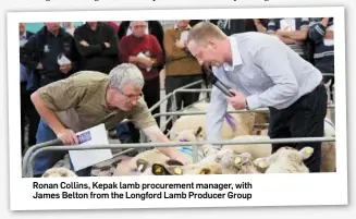  ??  ?? Ronan Collins, Kepak lamb procuremen­t manager, with James Belton from the Longford Lamb Producer Group