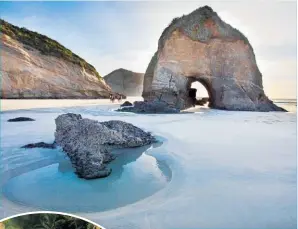  ?? ?? Wharariki Beach, in Golden Bay. Photo / Cape Farewell Horse Treks