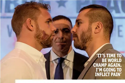  ?? Photos: GOLDEN BOY PROMOTIONS ?? FACE TO FACE: Saunders [left] and Lemieux engage in a tense staredown