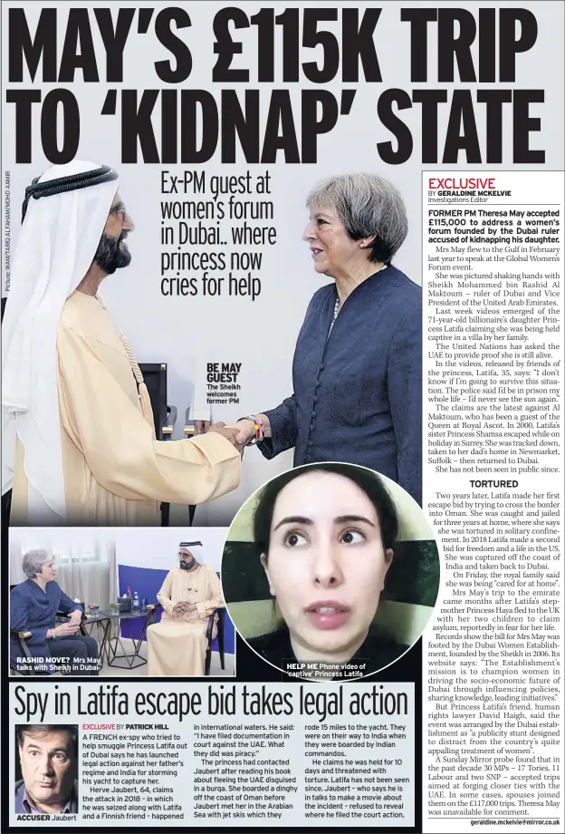  ??  ?? RASHID MOVE? Mrs May talks with Sheikh in Dubai
BE MAY GUEST The Sheikh welcomes former PM
HELP ME Phone video of ‘captive’ Princess Latifa